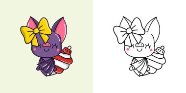 Clipart Christmas Bat Çok Renkli ve Siyah-Beyaz. Sevimli Kek Sanatı Yeni Yıl Hayvanı. Xmas Çıkartmaları İçin Bir Kawaii Hayvanı Şirin Vektör İllüstrasyonu. 