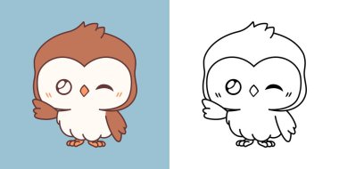 Sevimli İzole Baykuş Çizimi ve Renklendirme Sayfası. Çizgi film Clip Art Bird. Etiketler için Karikatür Vektör İllüstrasyonu, Giysiler için Parmak izleri, Bebek Duşu. 