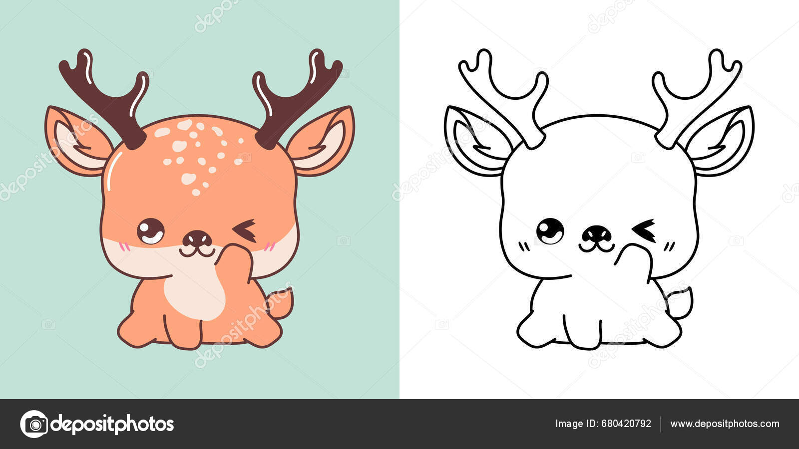 Kawaii Clipart Ilustración Ciervos Para Colorear Página Gracioso Animal  Kawaii Vector de stock #680420792 de ©ArtVarStudio, image size:1600x900