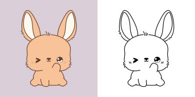 Vektör Tavşan 'ı çok renkli ve siyah-beyaz ayarla. Kawaii Klip Sanat Tavşanı. Etiketler, Bebek Duşu, Renkli Sayfalar için Bir Kawaii Tavşanı Şirin Vektör İllüstrasyonu. 