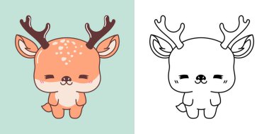 Renk Sayfası ve Görüntü için Kawaii Geyiği. Sevimli Klip Sanatı Hayvanı. Etiketler için bir Kawaii Ormanı Hayvanı 'nın Şirin Vektör İllüstrasyonu, Giysiler için Parmak izleri, Bebek Duşu. 