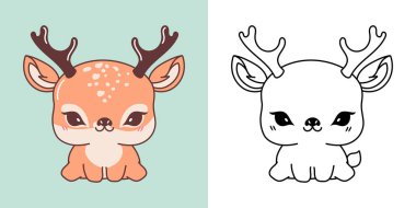 Şirin Geyik Clipart İllüstrasyonu ve Siyah-Beyaz. Kawaii Klip Sanat Ormanı Hayvanı. Etiketler için Şirin Vektör İllüstrasyonu, Giysiler için Parmak izleri, Bebek Duşu. 
