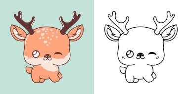 Çok Renkli ve Siyah ve Beyaz Geyik 'e tırman. Tatlı çizgi film orman hayvanı. Giysiler, Çıkartmalar, Bebek Duşu için Bir Kawaii Hayvanının Şirin Vektör İllüstrasyonu. 