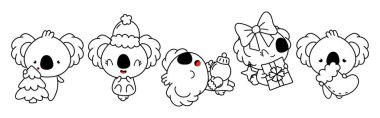 Kawaii Noel Koala Ayı Boyama Sayfası. Şirin Vektör Noel Hayvanları Özeti Koleksiyonu. 