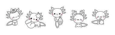 Vektör Noel Axolotl Boyama Sayfası. Kawaii Koleksiyonu Ayrı Yeni Yıl Amfibi Özeti. 