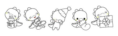 Kawaii Noel Dino Boyama Sayfası. Şirin Vektör Noel Dinozor Özeti Koleksiyonu. 