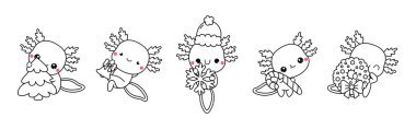 Kawaii Noel Axolotl Boyama Sayfası. Şirin Vektör Noel Hayvanları Özeti Koleksiyonu. 