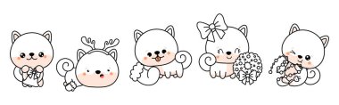 Vector Christmas Shiba Inu Köpek Taslağı Koleksiyonu. İzole edilmiş Xmas Köpek Rengi Sayfası. 