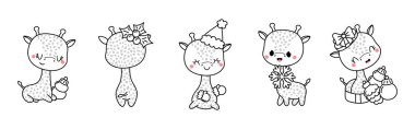 Kawaii Noel zürafa boyama sayfası seti. Şirin Vektör Noel Hayvanları Özeti Koleksiyonu. 