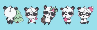 Kawaii Noel Panda Vektörü seti. Çıkartmalar için Şirin Vektör Xmas Hayvan Resimleri Koleksiyonu. 