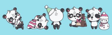 Vektör Noel Panda Çizimleri. Kawaii Koleksiyonu Etiketler İçin Ayrı Noel Hayvanları Sanatı. 
