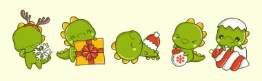 Vektör Noel Dino Çizimleri seti. Kawaii Koleksiyonu Etiketler İçin İzole Noel Dinozor Sanatı. 