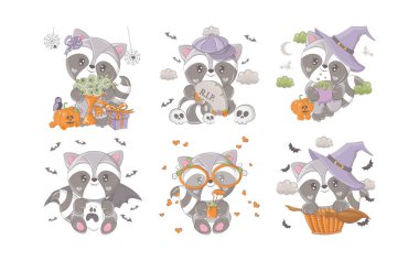 Çizgi film cadılar bayramı rakunu. Şirin Vektör Cadılar Bayramı Hayvan Fotoğrafları Koleksiyonu. Cadılar Bayramı Çıkartmaları İçin İzole Rakun 