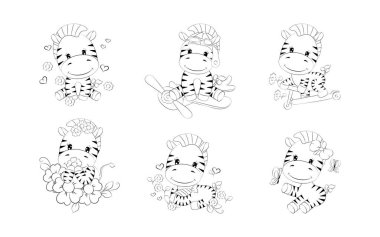 Bir çizgi film seti Zebra Boyama Sayfası. Çıkartmalar, Bebek Duşu, Renk Kitabı, Giysiler için Parmak izleri için Sevimli Vektör Çizgi Film At Taslağı Koleksiyonu. 