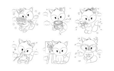 Fox Coloring Page 'in karikatür seti. Yapıştırmalar, Bebek Duşu, Renk Kitabı, Giysiler için Parmak izleri için Sevimli Vektör Çizgi Filmi Hayvanlar Taslağı. 