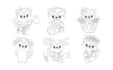 Rakun Boyama Sayfası 'nın karikatürü. Çıkartmalar, Bebek Duşu, Renk Kitabı, Giysiler için Parmak izleri için Şirin Vektör Çizgi Roman Koleksiyonu. 