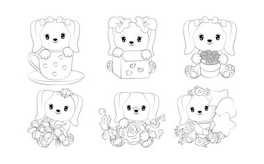 Çizgi film setinin izole edilmiş köpek boyama sayfası. Yapışkanlar, Bebek Duşu, Renk Kitabı, Giysiler için Parmak izleri için Sevimli Vektör Çizgi Filmi Hayvanları Özeti. 