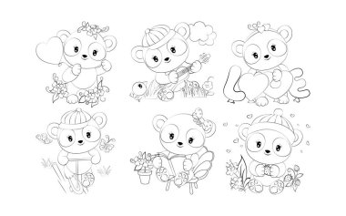 Çizgi film seti izole edilmiş panda boyama sayfası. Çıkartmalar, Bebek Duşu, Renk Kitabı, Giysiler için Parmak izleri için Sevimli Vektör Ayı Taslak Koleksiyonu. 