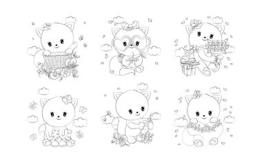 Çizgi film setinin izole edilmiş kedi boyama sayfası. Yapışkanlar, Bebek Duşu, Renk Kitabı, Giysiler için Parmak izleri için Sevimli Vektör Çizgi Filmleri Özeti. 