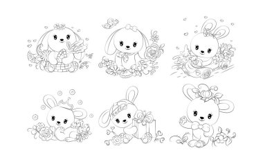 Çizgi film seti izole edilmiş tavşan boyama sayfası. Çıkartmalar, Bebek Duşu, Renk Kitabı, Giysiler için Parmak izleri için Sevimli Vektör Çizgi Film Tavşan Taslak Koleksiyonu. 