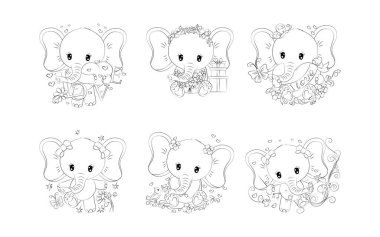 Karikatür Karikatür İzole Fil Boyama Sayfası. Yapışkanlar, Bebek Duşu, Renk Kitabı, Giysiler için Parmak izleri için Sevimli Vektör Çizgi Filmleri Özeti. 