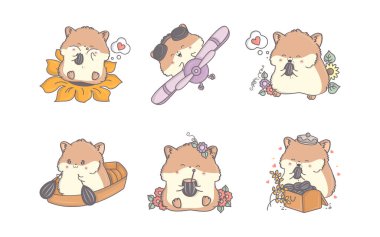 Bir çizgi film seti izole edilmiş hamster. Çıkartmalar, Bebek Duşu, Renkli Sayfalar, Giysiler için Parmak izleri için Sevimli Vektör Çizgi Filmleri. 