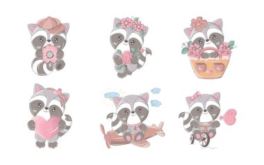 Çizgi film setinde rakun izole edildi. Çıkartmalar, Bebek Duşu, Renkli Sayfalar, Giysiler için Parmak izleri için Sevimli Vektör Çizgi Filmleri Hayvan Resimleri Koleksiyonu. 