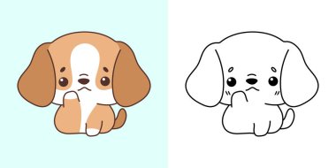 Şirin İzole Beagle Köpek Clipart İllüzyonu ve Siyah-Beyaz. Komik münzevi köpek. Giysiler, Çıkartmalar, Bebek Duşu için Bir Kawaii Hayvan Baskısı İzole Edilmiş Vektör İllüstrasyonu. 