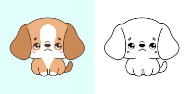 Clipart Beagle Köpek Renklendirme Sayfası ve Renkli Resimleri Ayarla. Kawaii, Köpeği tecrit etti. Etiketler için Şirin Vektör İllüstrasyonu, Giysiler için Parmak izleri, Bebek Duşu. 