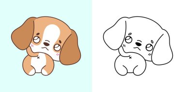 Clipart Beagle Dog Çok Renkli ve Siyah-Beyaz. Şirin Clip Art Puppy. Etiketler, Bebek Duşu, Renkli Sayfalar İçin Bir Kawaii Evcil Hayvanı Sevimli Vektör İllüstrasyonu. 