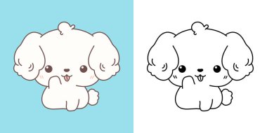 Şirin, izole edilmiş Bichon Frise Köpek Clipart İllüstrasyonu ve Siyah-Beyaz. Komik izole köpek. Etiketler için Kawaii Evcil Hayvanı Çizgi Filmi, Giysiler için Parmak izi, Bebek Duşu. 