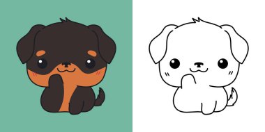 Kawaii Rottweiler Köpeği Çok Renkli ve Siyah-Beyaz. Güzel izole köpek yavrusu. Giysiler, Çıkartmalar, Bebek Duşu için Bir Kawaii Hayvanının Komik Vektör İllüstrasyonu. 
