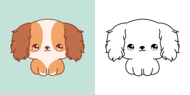 Şirin yalnız Cocker Spaniel Köpek İllüstrasyonu ve Boyama Sayfası. Çizgi film Clip Art Puppy. Etiketler, Bebek Duşu, Renkli Sayfalar İçin Bir Kawaii Evcil Hayvanı İzole Edilmiş Vektör İmajı. 
