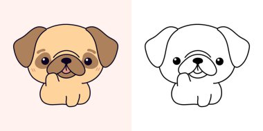 Şirin, izole edilmiş Pug Dog Illustration ve Renklendirme Sayfası. Çizgi film Clip Art Puppy. Etiketler için Kawaii Evcil Hayvanı Çizgi Filmi, Giysiler için Parmak izi, Bebek Duşu. 