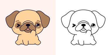 Clipart Pug Dog Renklendirme Sayfasını ve Renkli Resimleri Ayarla. Kawaii, Yavru Köpek 'i tecrit etti. Etiketler için Şirin Vektör İllüstrasyonu, Giysiler için Parmak izleri, Bebek Duşu. 