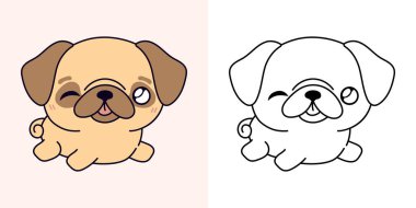 Şirin, izole Pug Dog Clipart İllüstrasyonu ve Siyah-Beyaz. Komik izole köpek yavrusu. Giysiler, Çıkartmalar, Bebek Duşu için Bir Kawaii Hayvan Baskısı İzole Edilmiş Vektör İllüstrasyonu. 