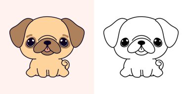 Şirin Pug Dog Clipart İllüstrasyonu ve Siyah-Beyaz. Kawaii Klip Sanat Yavrusu. Etiketler için Şirin Vektör İllüstrasyonu, Giysiler için Parmak izleri, Bebek Duşu. 