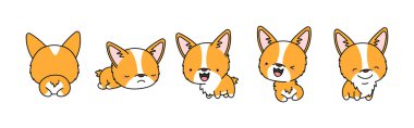 Çizgi film seti izole edilmiş Galli Corgi. Komik Çizgi Film Tarzı ile Şirin Kawaii Corgi seti. Çıkartmalar, Bebek Duşu, Renkli Sayfalar, Giysiler için Parmak izleri için Tatlı Vektör Bebek Resimleri Koleksiyonu. 