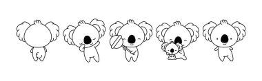 Çizgi film seti izole edilmiş Koala Boyama Sayfası. Şirin Vektör Kawaii Koala Taslağı. Çıkartmalar, Bebek Duşu, Renk Kitabı, Giysiler için Parmak izleri için Sevimli Vektör Bebek Hayvanları Özeti. 