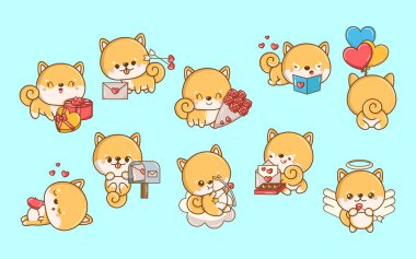 Bir çizgi film seti Kawaii Shiba Inu Dog Illustrations in Love. Şirin Vektör Koleksiyonu İzole Bebek Köpek Resimleri. Aşık Şirin Vektör Köpek.. 