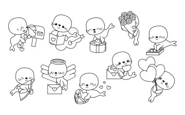 Aşık Vektör Kawaii Mühür Rengi Koleksiyonu. Karikatür Bebek Fok Hattı. Sevimli Vektör Hayvanlar Sevgi Rengi Sayfası. 