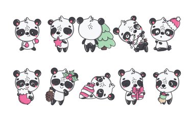 Vektör Noel Panda Çizimleri. Kawaii Koleksiyonu Etiketler İçin Ayrı Noel Hayvanları Sanatı. 