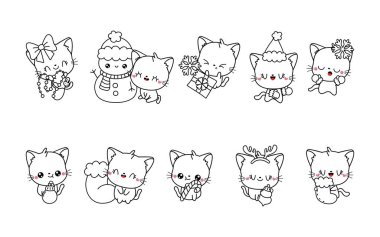 Vektör Noel Kedi Boyama Sayfası. Kawaii Koleksiyonu Tecrit Edilen Yeni Yıl Hayvan Özeti. 