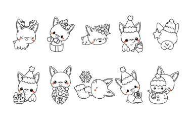 Vektör Noel Corgi Köpek Boyama Sayfası. Kawaii Koleksiyonu Yeni Yıl Köpek Taslağı. 