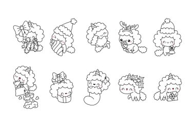 Vector Christmas Unicorn Renklendirme Sayfası. Kawaii Koleksiyonu Tecrit Edilen Yeni Yıl Hayvan Özeti. 