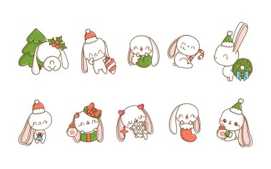 Kawaii Noel Tavşan Vektörü seti. Çıkartmalar için Şirin Vektör Xmas Tavşan Resimleri Koleksiyonu. 