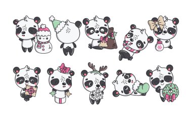 Kawaii Noel Panda Vektörü seti. Çıkartmalar için Şirin Vektör Xmas Hayvan Resimleri Koleksiyonu. 