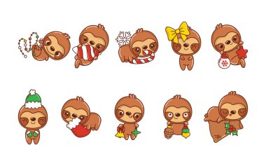 Kawaii Noel Tembelliği seti. Çıkartmalar için Şirin Vektör Xmas Koleksiyonu Tropikal Hayvan Resimleri. 