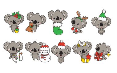 Vektör Noel Koala Çizimleri seti. Kawaii Koleksiyonu Etiketler İçin Ayrı Noel Hayvanları Sanatı. 