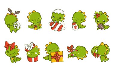 Vektör Noel Dino Çizimleri seti. Kawaii Koleksiyonu Etiketler İçin İzole Noel Dinozor Sanatı. 